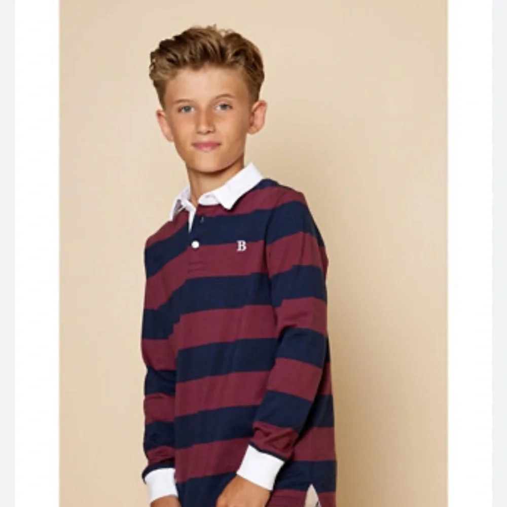 NWT B by Brooks Brothers Burgundy and Navy Striped Rugby Shirt Classic‎ Preppy